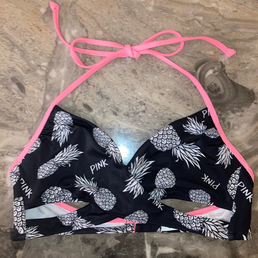 Victoria's Secret LG black, white & coral pineapple bikini top with cut-outs.